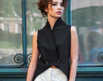 Wool Black Vest: Sleeveless 1920s Style Jacket