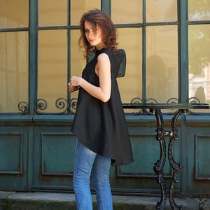 Women Linen Tunic, Black Linen Top, Asymmetric Tunic, Plus Size Top, Elegant Blouse, Minimalist Top, Casual Black Tunic, Sleeveless Top
