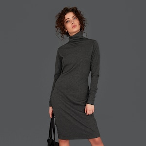 Office Dress, Casual Dress, Midi Dress, High Collar Dress, Sweater Dress, Loose Sweater Dress, Business Clothing, Fall Dress, Party Dress image 1