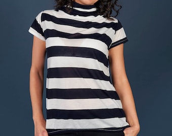 Wide Navy Blue and White, Loose Top, Navy & White, Striped T-Shirt, Womens fall Top, Oversized Top, Elegant Shirt,Party Top,Minimalist Top