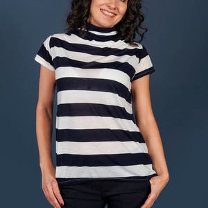 Wide Navy Blue and White, Loose Top, Navy & White, Striped T-Shirt, Womens fall Top, Oversized Top, Elegant Shirt,Party Top,Minimalist Top image 1