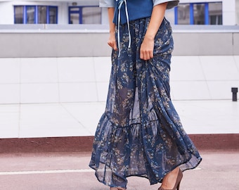 Bohemian Skirt, Long Blue Skirt,Flower Skirt, Evening Skirt, High Waisted Skirt, Party Skirt, Plus Size Skirt, Long Maxi Skirt, Flared skirt