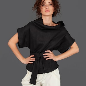 Women Linen Blouse, Black Linen Top, Plus Size Top, Elegant Blouse, Office Top, Japanese Clothing, Gothic Top, Extravagant Blouse, Party Top