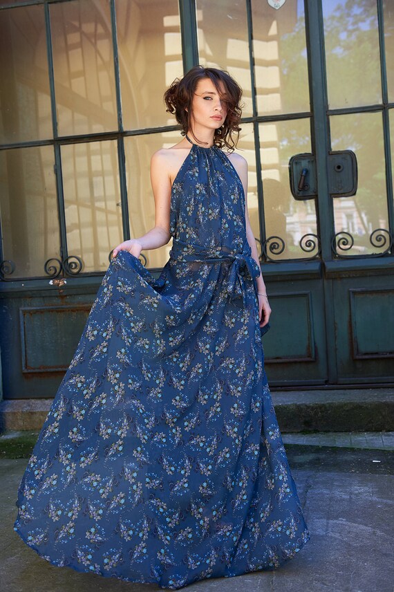 Blue Chiffon Floral Maxi Dress: Boho Halter Kaftan - Etsy Blue Chiffon Floral Maxi Dress: Boho Halter Kaftan - Etsy