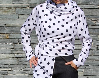 Womens White Blouse, Dotted Top, Chic Shirt, Asymmetrical Blouse, Wrap polo top, Polo Blouse,  Party Top, Blue dots top, Long sleeves Blouse