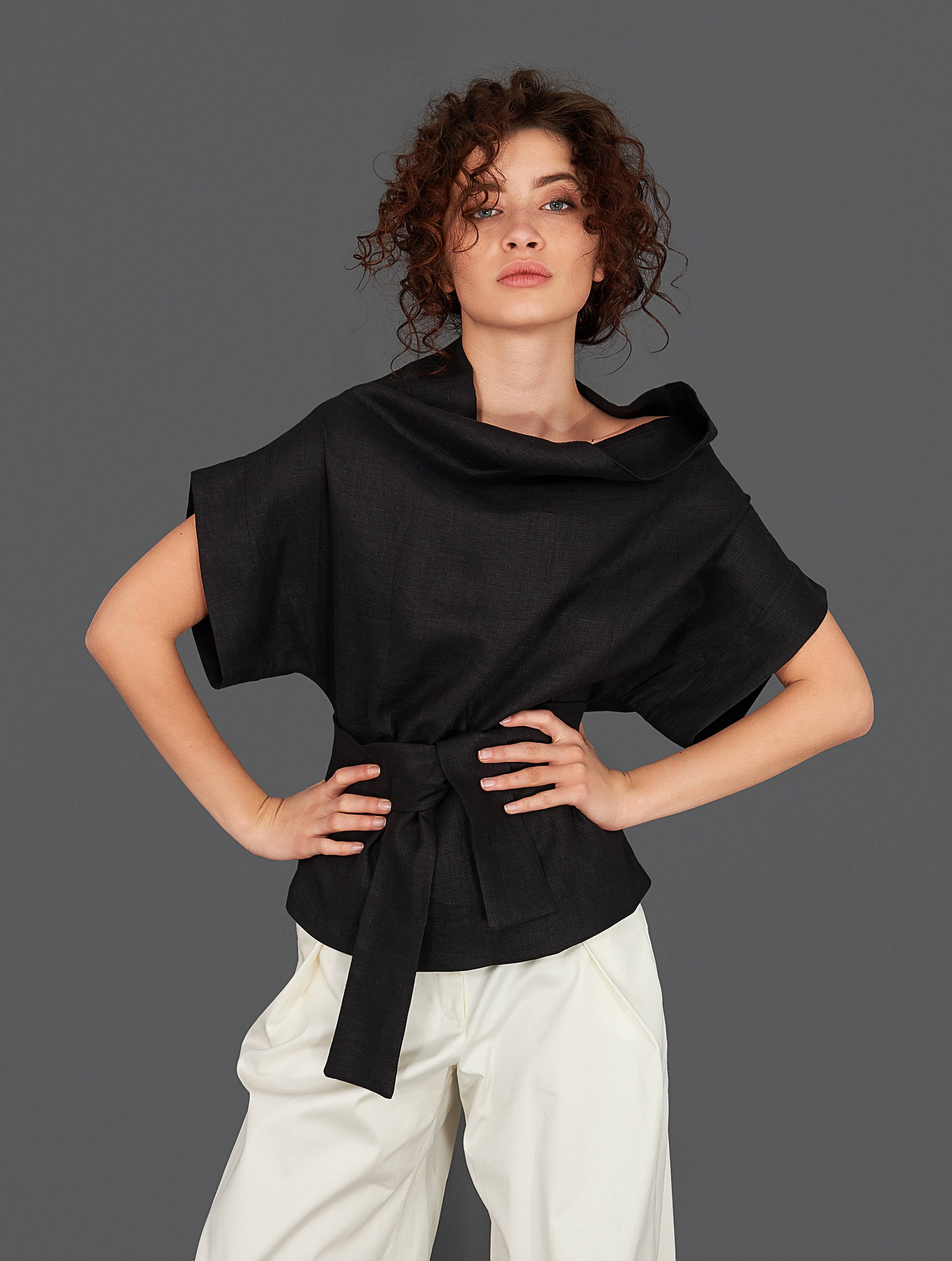 Black Linen Blouse Elegant Short Sleeve Top With Belt
