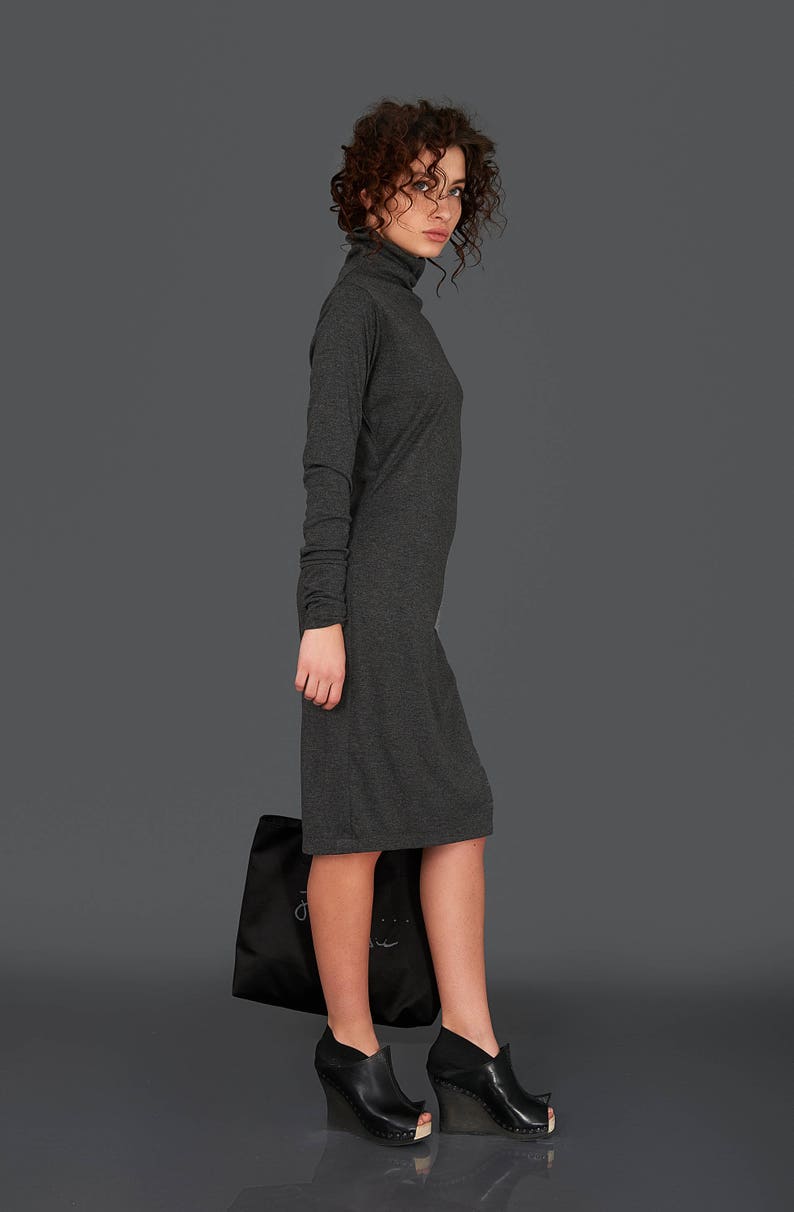 Office Dress, Casual Dress, Midi Dress, High Collar Dress, Sweater Dress, Loose Sweater Dress, Business Clothing, Fall Dress, Party Dress image 2