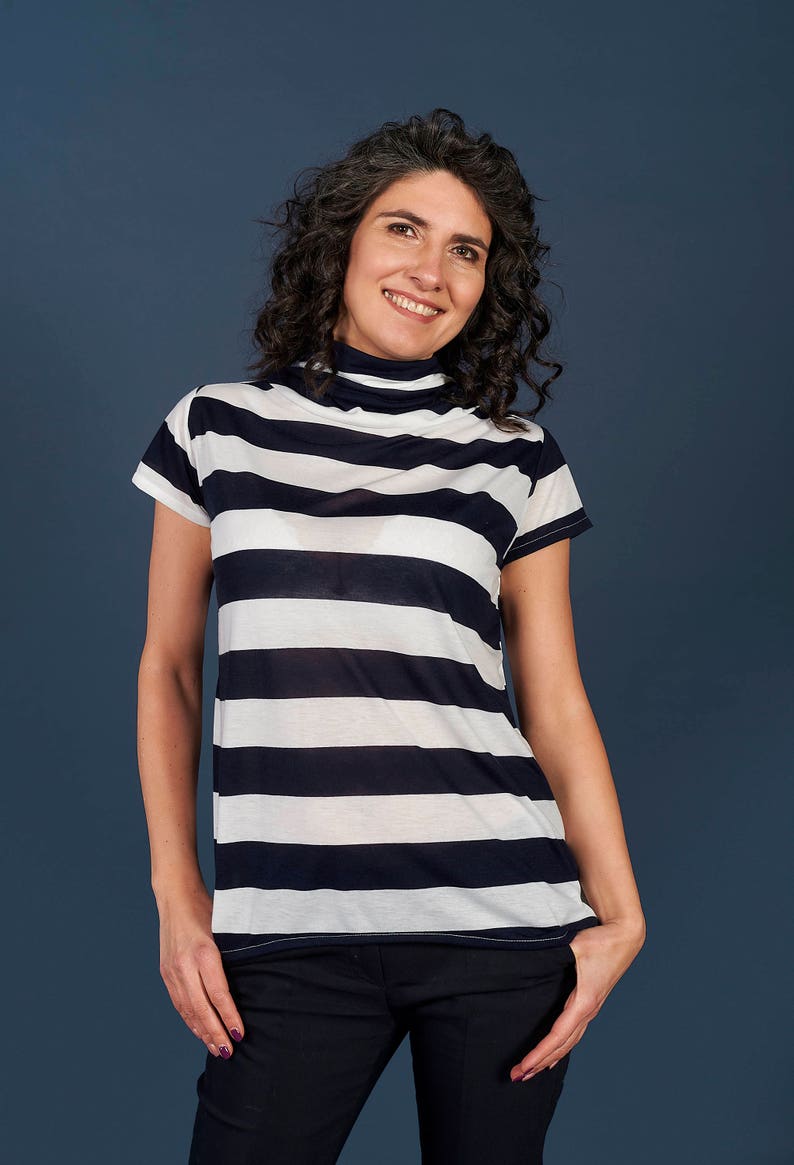 Wide Navy Blue and White, Loose Top, Navy & White, Striped T-Shirt, Womens fall Top, Oversized Top, Elegant Shirt,Party Top,Minimalist Top image 1
