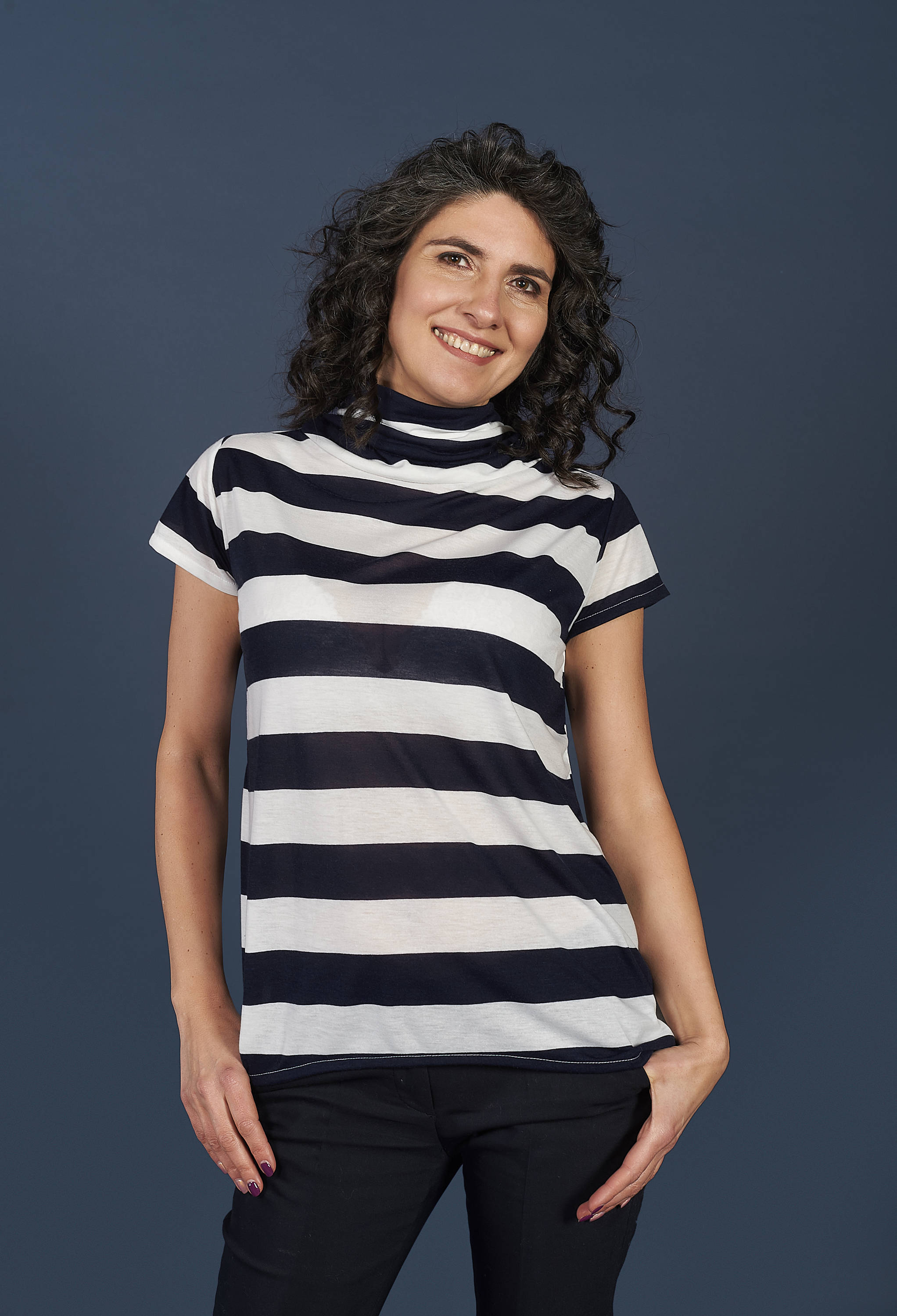 Wide Navy Blue and White Loose Top Navy 