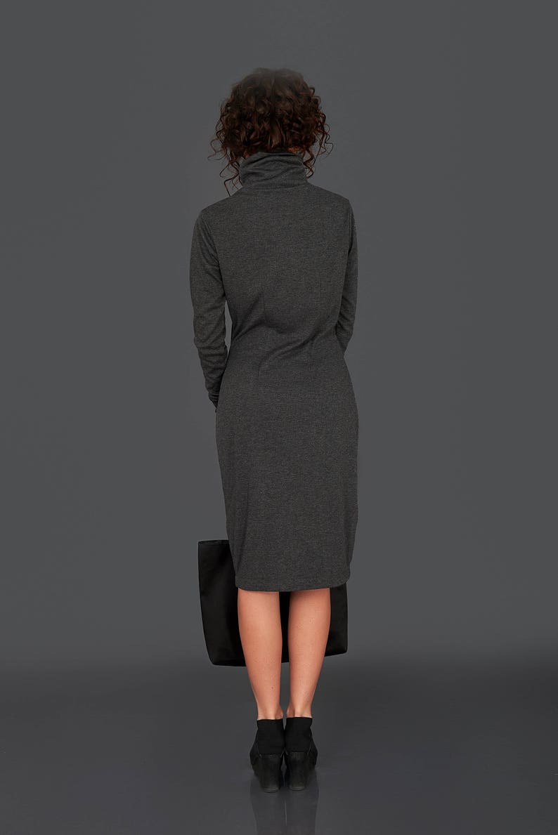 Office Dress, Casual Dress, Midi Dress, High Collar Dress, Sweater Dress, Loose Sweater Dress, Business Clothing, Fall Dress, Party Dress image 3