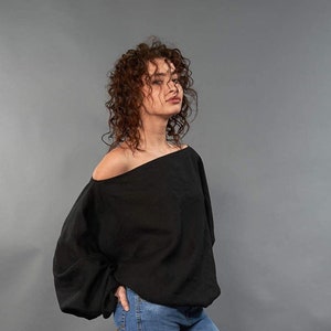 Linen Blouse, Black Top, Off Shoulder Blouse, Womens Linen Top, Elegant Blouse, Extravagant Top, Japanese Clothing, Spring Top