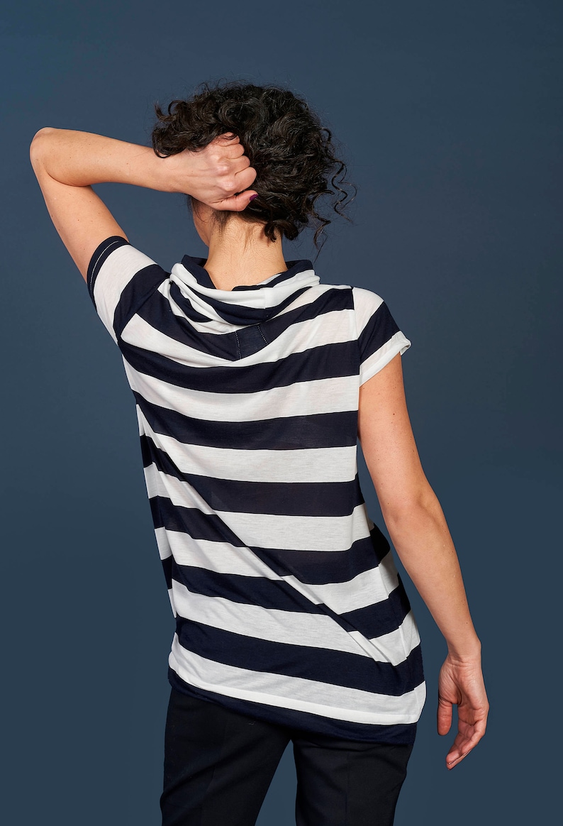 Wide Navy Blue and White, Loose Top, Navy & White, Striped T-Shirt, Womens fall Top, Oversized Top, Elegant Shirt,Party Top,Minimalist Top image 3