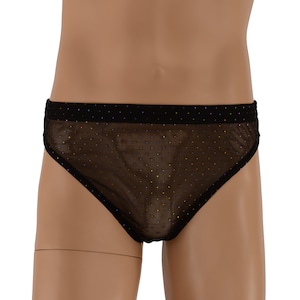 Mens UNLINED See Through Black Sparkle Nylon Mesh Thong, Australian Made, Beachwear Dancewear Swimwear Swimsuit Trunks Underwear G-String