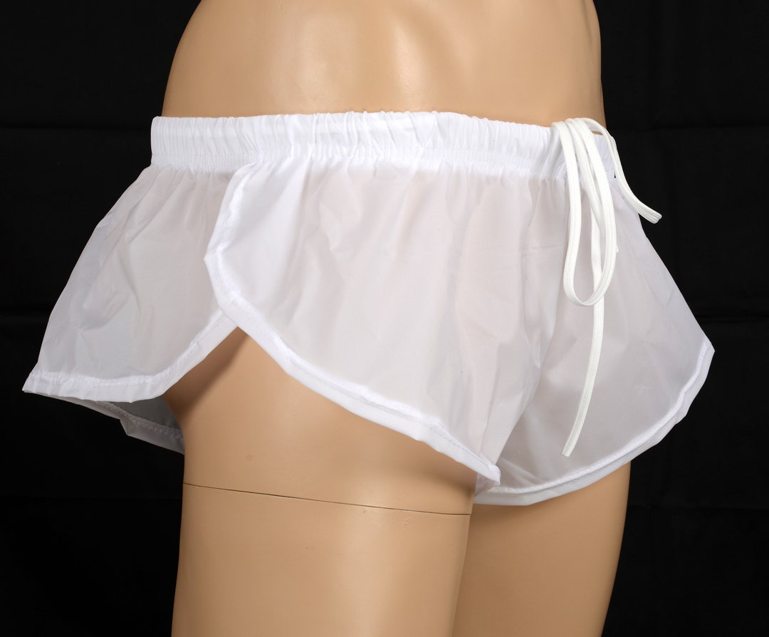 Mens Sheer White Nylon Sprinter Shorts W/waist Rope, Australian Made