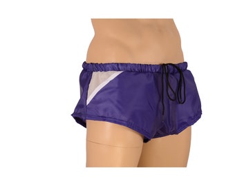 Mens Purple & White Nylon Poly Tooty Booty Pocket Short Shorts, Australian Made, Gym Summer Wear Clothing Sports Beach Street Skate Fashion