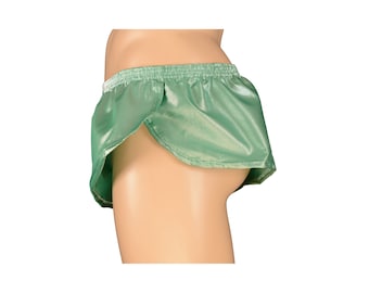 Short de sprinter lamé argenté brillant en nylon vert pour homme, fabrication australienne, danse salle de sport jogging Mardi gras course musculaire sprinter piste de sport yoga