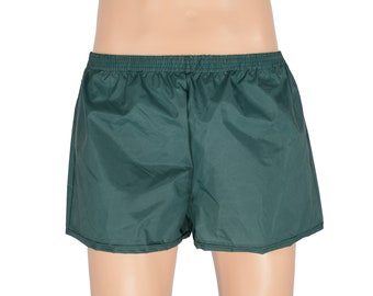 Mens Green Nylon Taffeta Shorts - Square Cut, Australian Made