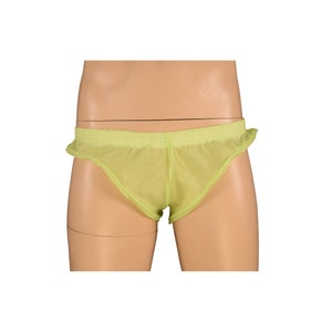 May include: A pair of light green mesh underwear with a ruffled edge.