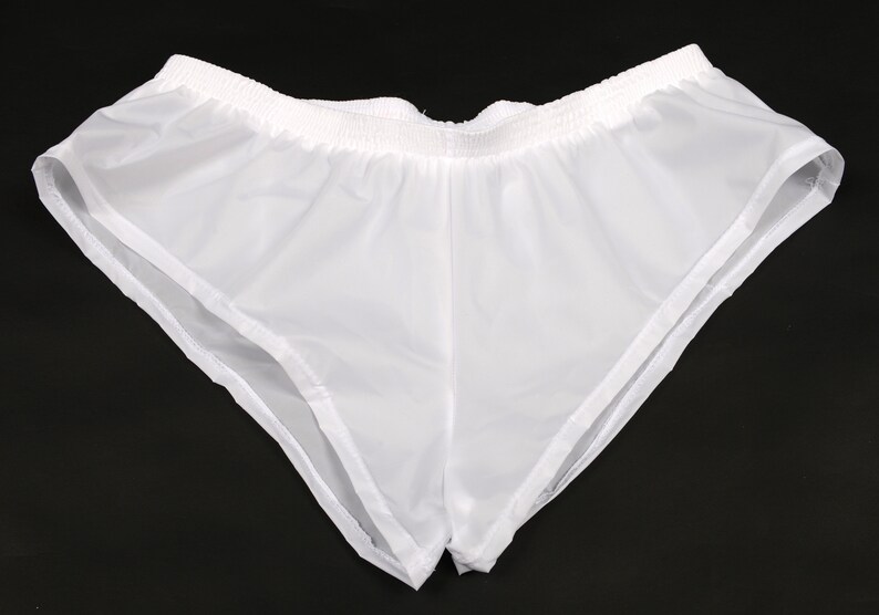 Mens White Nylon Taffeta Sheer Booty Shorts, Australian Made, Acro