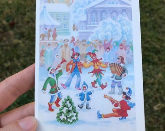 Vintage Christmas Post Card Happy New Year Russian Christmas Winter Greeting Card Soviet Ethnic Skomorokh Clown Collectible Post Card