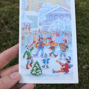 Vintage kerst postkaart gelukkig nieuwjaar Russische kerst winter wenskaart Sovjet etnische Skomorokh clown collectible postkaart