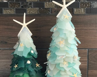 Zeeglas Boom Aqua White Teal Kerstboom Echt Echt Zeeglas 16 & 12 inch GROTE Bomen Nautische Kerst Kamerinrichting Upcycled Glas