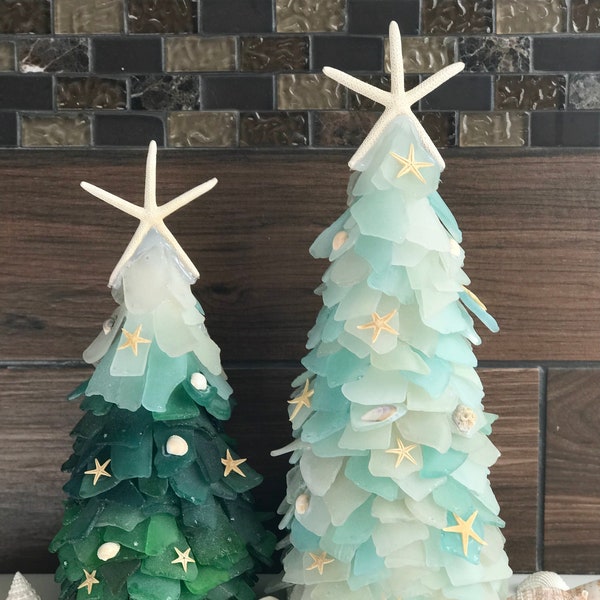 Sea glass Tree Aqua White Teal Christmas Tree Genuine Real Sea Glass 16 & 12 inch LARGE Trees Nautical Christmas Room Décor Upcycled Glass