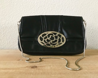 Vintage Metal Rose Black Satin Clutch Purse Hand Bag Shoulder Bag with a Soft Metal Handle