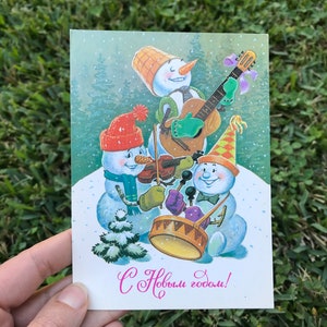Vintage Russische Gebrauchte Postkarte Drei Schneemänner Neujahr 1985 Grußkarte Folk Ethno Weihnachten signiert Karte Postkarten Happy New Year Karte