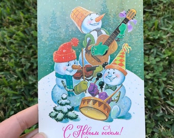 Vintage Russian USED Post Card Three Snowmen New Year 1985 Greeting Card Folk Ethnic Christmas Signed Card Postcards Happy New Year Card