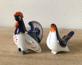 Vintage Porcelain Salt Pepper Shaker Bird Rooster Hen Russian Folk Ethnic Easter Table Decor Figurine Lomonosov Factory Soviet Cobalt Blue