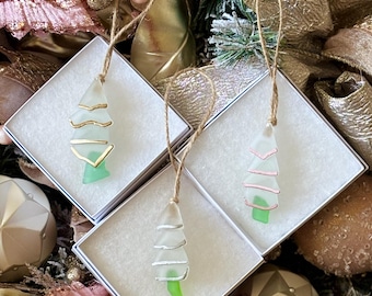 Enfeites de vidro de praia genuínos, com detalhes em ouro rosa e prata, decoração natalina exclusiva, reciclada, ecológica e rústica.