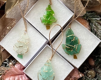 Sea Glass Beach Christmas Tree Ornaments Green White Blue Golden Trim Upcycled Decor Glass