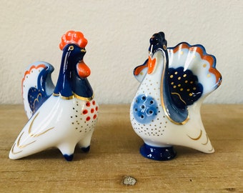 Vintage Porcelain Salt Pepper Shaker Bird Rooster Hen Ukrainian Russian Folk Easter Table Decor Figurine Lomonosov Factory Cobalt Blue