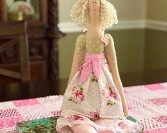 Tilda Doll Rag Doll Fabric Cloth in Blue Teal Pink White Polka Dot Rose Floral Dress Blonde Room Decor
