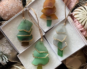 Prawdziwe szkło plażowe, białe, turkusowo-zielone, pomarańczowe, brązowe, pozłacane, złote, duża ozdoba, szkło morskie, choinka, dekoracja, recykling, ekologiczne