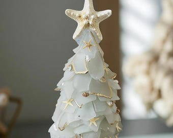Seaglass Christmas Tree White Gilded Trim Beach Glass Tree Genuine Sea Glass Ocean Nautical Room Décor Unique