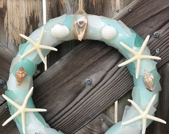 Sea glass Wreath Aqua White Teal Nautical Seaglass Decoration Genuine Real Sea Glass Finger Starfish Seashells Rustic Upcycled Room Décor