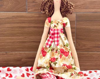 Handmade Cloth Doll Fabric Rag Tilda Doll in Red Rose Golden Beige Floral Dress Brunette Room Decor