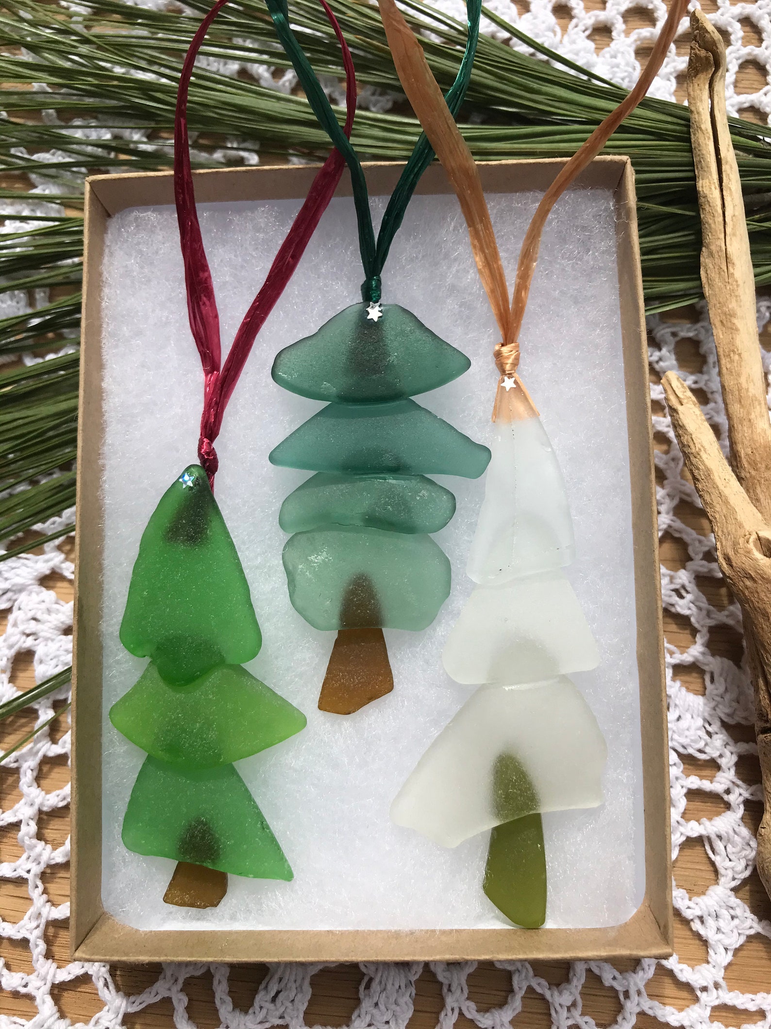 Genuine Beach Glass Ornaments Sea Glass Christmas Tree Trio Etsy