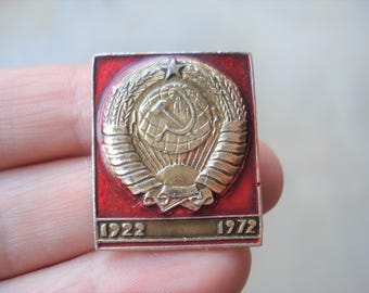 Vintage Soviet Badge USSR National Emblem Pin Russian Hummer Sickle Pin Socialism Communism Badge 50 years of the USSR Pin Collectible