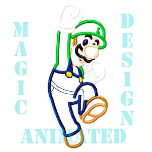 May include: A green, blue, and white cartoon character with a mustache and a green hat. The character is in a jumping pose with one arm raised in the air. The text "MAGIC ANIMATED DESIGN" is written in blue letters around the character.