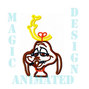 May include: Embroidered design of a brown dog with a yellow and red antler headband. The dog has a brown nose, black eyes, and a red mouth. The design is perfect for a Christmas or holiday project.