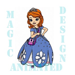 May include: A cartoon illustration of a princess wearing a blue dress with white polka dots and a pink purse. She has a crown on her head and red hair. The text "MAGIC DESIGN ANIMATED" is written in blue letters on the image.