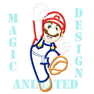 Op de afbeelding: Een cartoonillustratie van Mario, een videogamepersonage, in een rood-blauwe outfit met een witte hoed en snor. Hij springt met zijn rechterarm omhoog en zijn linkerbeen gestrekt. De tekst "MAGIC ANIMATED DESIGN" staat op de achtergrond.