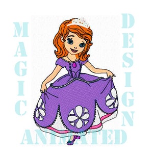 Puede incluir: Una ilustración de dibujos animados de una princesa con el pelo largo y rojo que lleva un vestido morado con flores blancas y una corona. Está sujetando su vestido con la mano derecha y sonriendo.