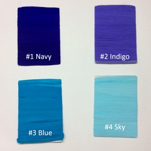 Puede incluir: Cuatro muestras de pintura que muestran diferentes tonos de azul.  #1 Navy, #2 Indigo, #3 Azul, #4 Cielo.