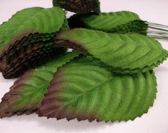 Silk Fake Leaves with Wire Stem, Green Brown Fabric Artificial Leaf for DIY Crafts, Wedding Bouquet, Hair Accessories Size #1