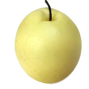 Puede incluir: Una pera de color amarillo pálido con un tallo marrón oscuro. La pera tiene una piel lisa y ligeramente texturizada.