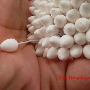May include: A close-up of a hand holding a bunch of small, white, round, foam flower buds. One bud is separated from the bunch and is lying on the palm of the hand.